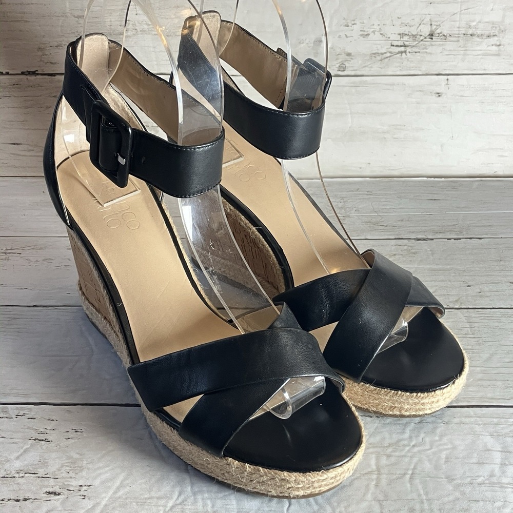 Franco Sarto Sandals Womens 9.5 M Black Leather Quintana Espadrille Strap Wedges